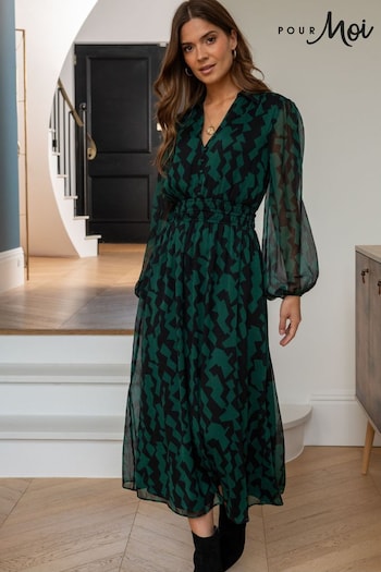 Pour Moi Green Willow Chiffon Long Sleeve Midaxi Shirt Dress (486916) | £59