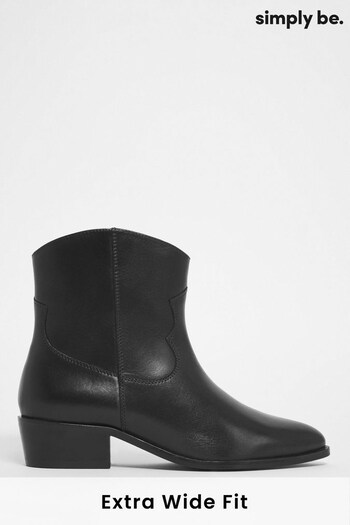 Simply Be Soft Leather Western Black  Ankle Boots In Extra Wide Fit (488472) | £59