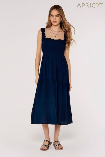 Apricot Navy Blue Slub Smock Tiered Midi Dress (488654) | £35