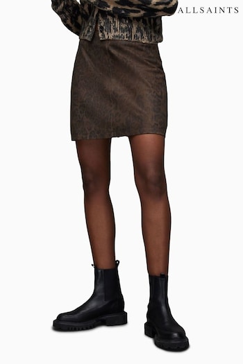 AllSaints Lila Leather Leo Brown Skirt (489541) | £219