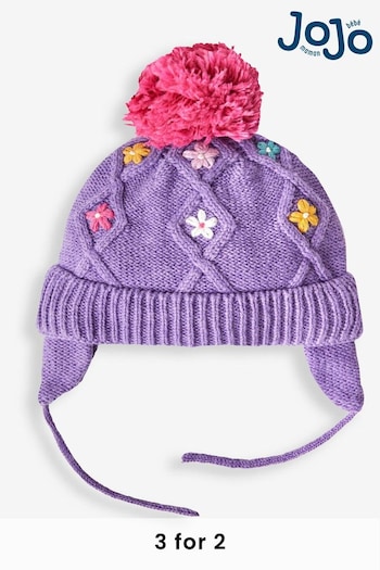 JoJo Maman Bébé Lilac Girls' Floral Embroidered Cable Hat (491362) | £16.50