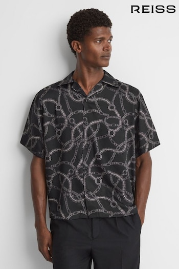 Reiss Black Quest Chain Print Cuban Collar Shirt (492187) | £98