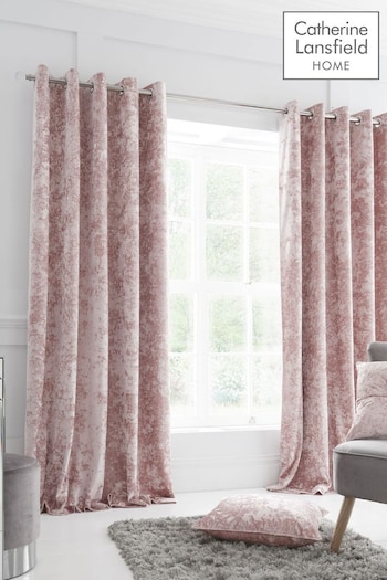 Catherine Lansfield Blush Pink Crushed Velvet Eyelet Curtains (493080) | £45 - £80