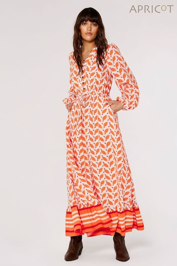 Apricot Orange & White Geo Leaves Border Wrap Dress (493143) | £45
