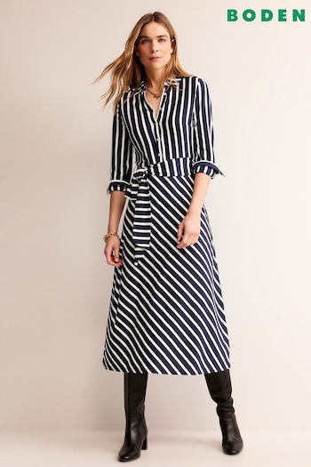 Boden Navy Stripe Laura Jersey Midi Shirt Dress (493296) | £90