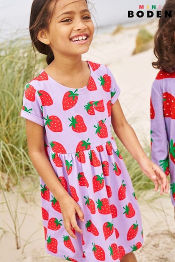 Boden Purple Short-Sleeved Fun Strawberry Jersey Dress (494189) | £21 - £23