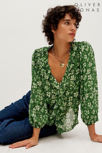 Oliver Bonas Green Floral Print Textured Frill Blouse (494668) | £55