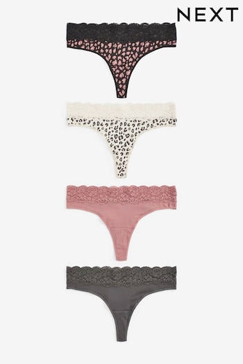 Black/Grey/Pink/Cream Printed Thong Cotton and Lace Knickers 4 Pack (494827) | £15
