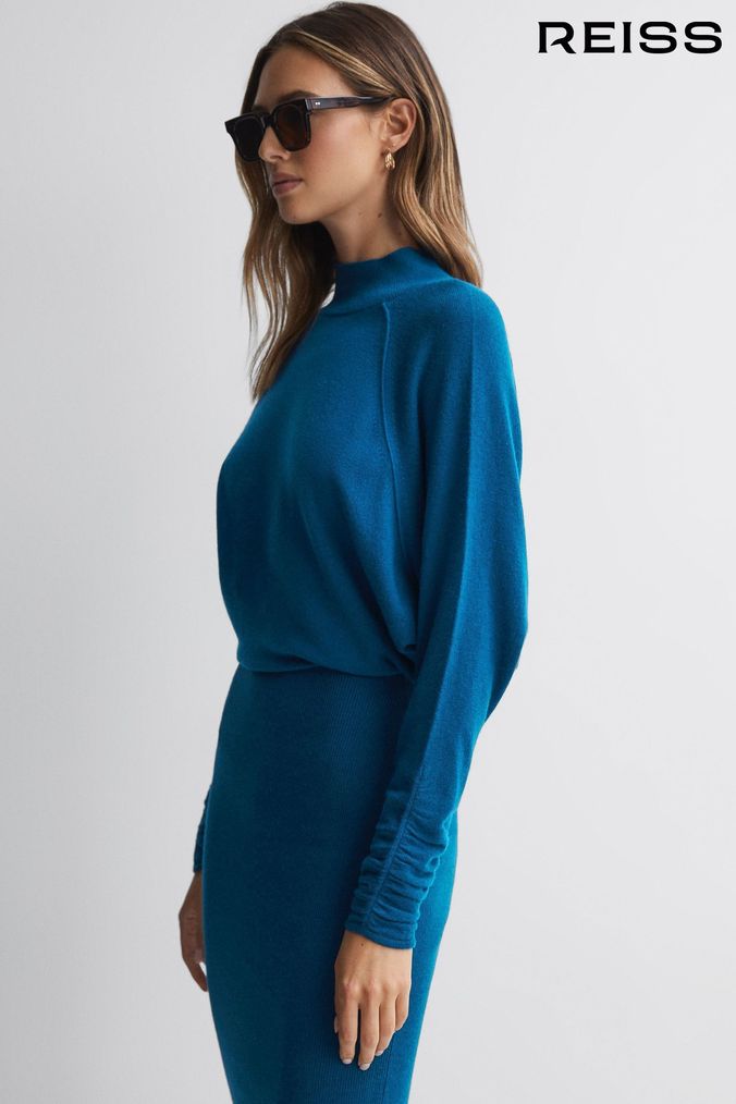 Reiss Blue Freya Knitted Long Sleeve Midi Dress (495733) | £198