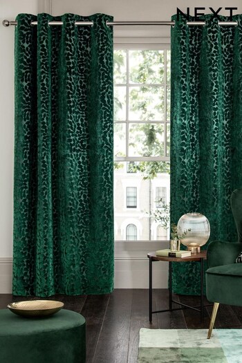 Green Cut Velvet Leaf Eyelet Lined Curtains (495851) | £110 - £235