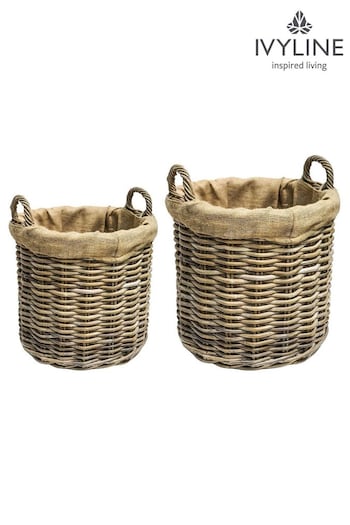 Ivyline Set of 2 Natural Wicker Log Lined Round Baskets (496895) | £150