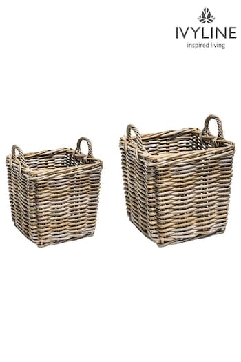Ivyline Set of 2 Natural Wicker Log Square Baskets (497109) | £130