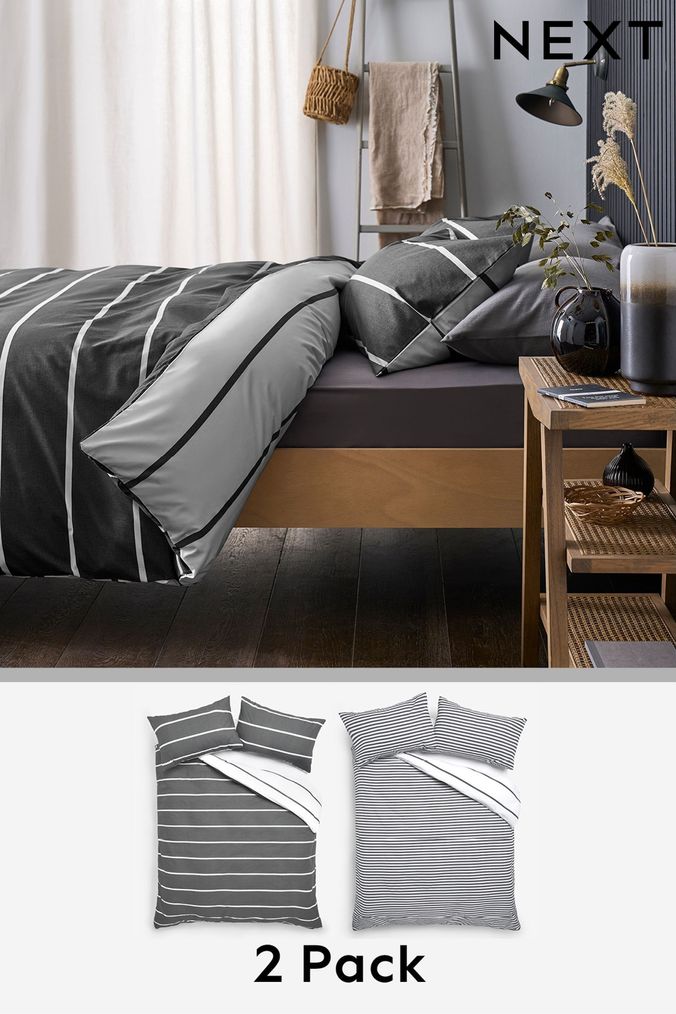 2 Pack Mono Stripe Reversible Duvet Cover and Pillowcase Set (498276) | £32 - £68