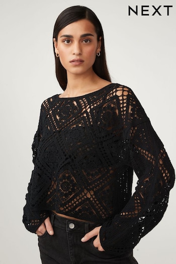 Black Long Sleeve Crochet Top (4B8747) | £38