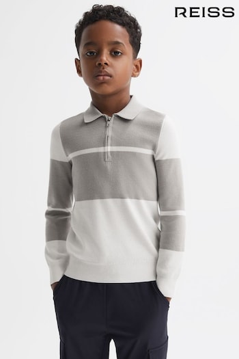 Reiss Soft Grey/White Tokyo Junior Slim Fit Half-Zip Long Sleeve Short Polo Shirt (4DG052) | £38