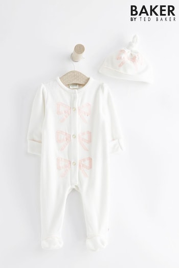 Baker by Ted Baker Bow White Sleepsuit and Hat Set (4JJ390) | £28 - £30
