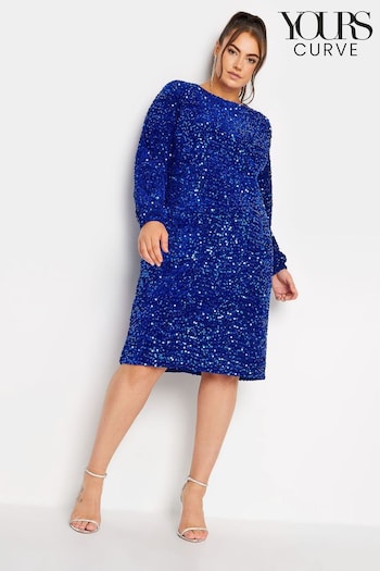 Yours Curve Blue London Sequin Velvet Bellow Sleeve Shift Dress (4V7043) | £49