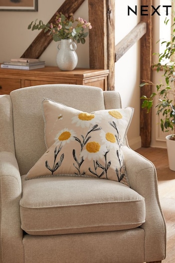 Light Natural Daisy Bee Embroidered Feather Filled Cushion (500003) | £24