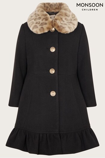 Monsoon Ruffle Hem Faux Fur Collar Black Coat (500874) | £62 - £72