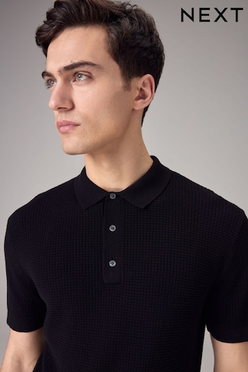 Black Knitted Waffle Textured Regular Fit sleeves Polo Shirt (501049) | £30