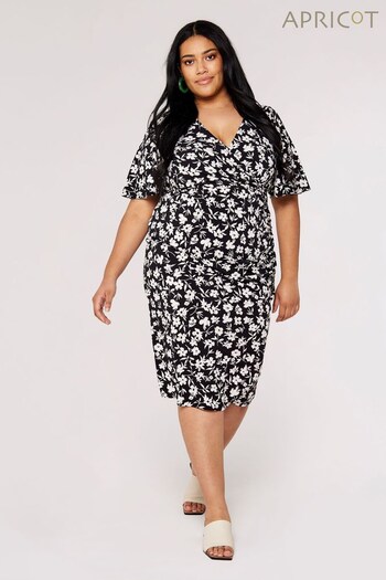 Apricot Black & White Plus Size Floral Stem Ruched Midi Dress (501150) | £35