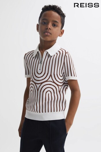Reiss White/Brown Maycross Junior Half-Zip Striped Polo Stratus T-Shirt (502626) | £38