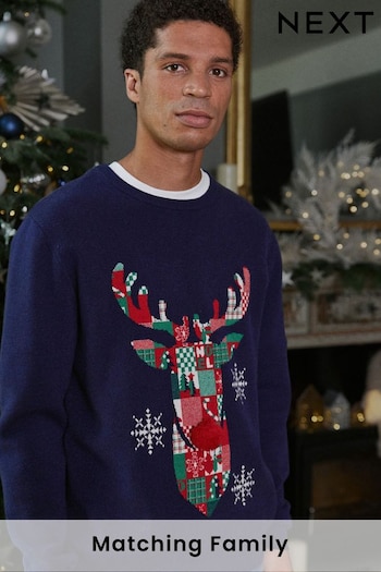 Navy Blue Reindeer Regular Christmas Mens Knitted Jumper (503183) | £36