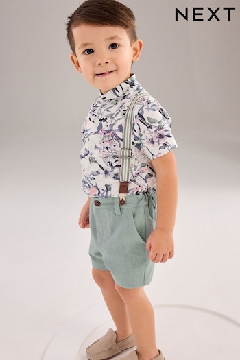 Blue Floral Shirt, Short and Bowtie Set with Braces (3mths-9yrs) (503195) | £26 - £30