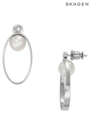 Skagen Ladies Silver Tone Jewellery Agnethe White Glass Pearl Hoop Earrings (503554) | £49