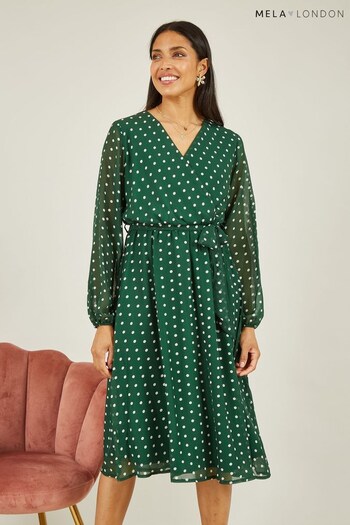 Mela Green Polka Dot Long Sleeve Midi Wrap Dress (503653) | £45