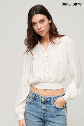 SUPERDRY Cream Long Sleeve Lace Trim Smocked Blouse (503701) | £45