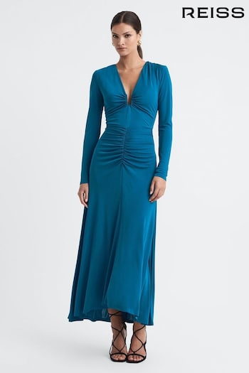 Reiss Teal Remy Plunge Neck Ruche Midi Dress (503910) | £248