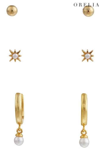 Orelia London 18K Gold Pearl Drop Hoop & Starburst Stud Earrings Pack (504369) | £32