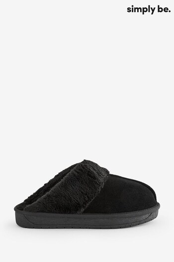 Simply Be Black Suede Slippers in Wide Fit (504932) | £25