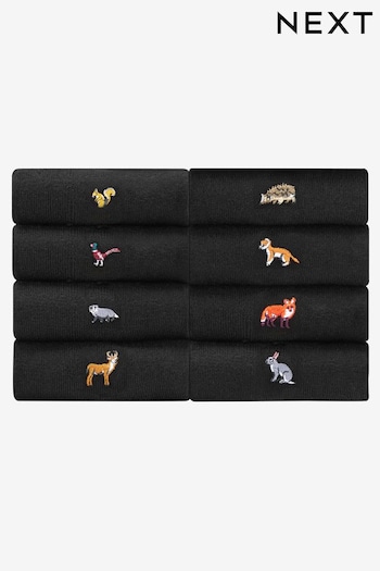 Black Woodland Animals Fun Black Embroidered Socks 8 Pack (505852) | £21