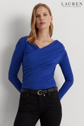 Lauren Ralph Lauren Blue Ruched Asymmetrical Stretch Cotton Top (505940) | £59
