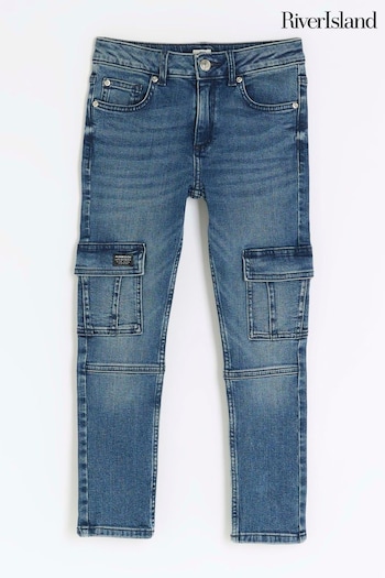 River Island Blue Boys Denim Dark Wash Skinny Cargo faux Jeans (506726) | £20 - £28