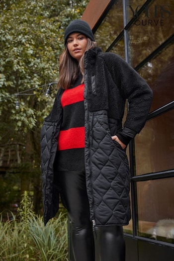 Yours Curve Black Mixed Teddy Quilted Coat (507172) | £75