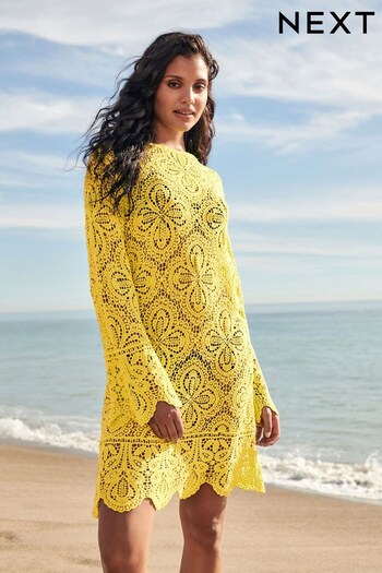 Yellow Slash Neck Crochet Beach Cover-Up (507192) | £39