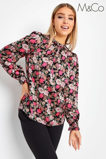M&Co Black Floral Long Sleeve Frill Neck Blouse (507870) | £25