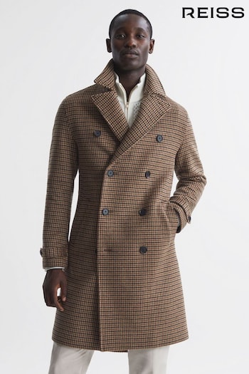 Reiss Camel Unity Modern Fit Wool Blend Double Breasted Dogtooth Coat (507881) | £398