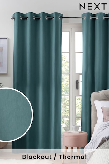 Dark Teal Blue Cotton Eyelet Blackout/Thermal Curtains (507910) | £40 - £105