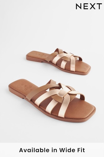 Tan Brown Extra Wide Fit Forever Comfort® Leather Lattice Mules Sandals (508033) | £22