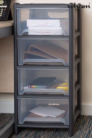 Wham Grey 1 x Deep 4 Drawer Tower Home and Office Storage Organisation (508364) | £33