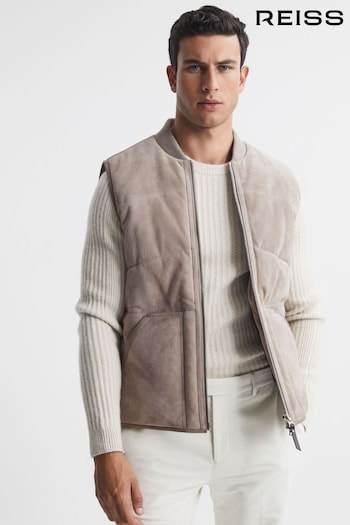 Reiss Taupe Cobar Suede Quilted Sleeveless Gilet (508453) | £448