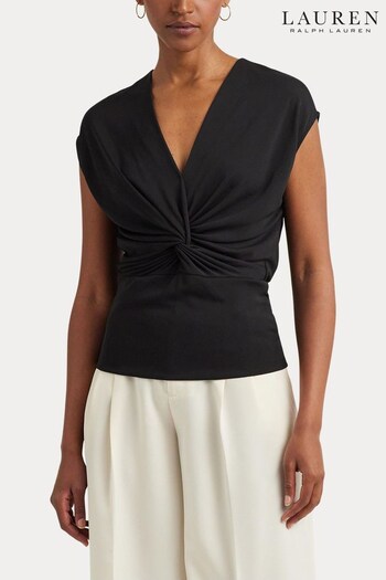 Lauren Ralph Lauren  Twist Front Jersey Cap Sleeve Black T-Shirt (508495) | £49