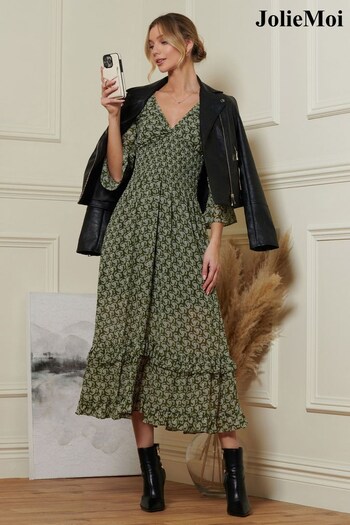 Jolie Moi Green Qaiya Shirred Chiffon Maxi Dress (508865) | £75