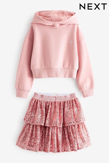 Pink Cropped Hoodie With Tiered Sequin Skirt Set (3-16yrs) (509111) | £30 - £36
