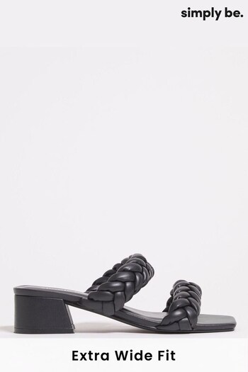 Simply Be Black Plaited Low Block Heel Sandal in Extra Wide Fit (509288) | £35