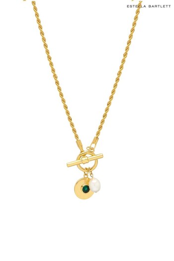 Estella Bartlett Gold Tone The Edit Collection Green and Pearl Drop T-Bar Necklace (509418) | £54